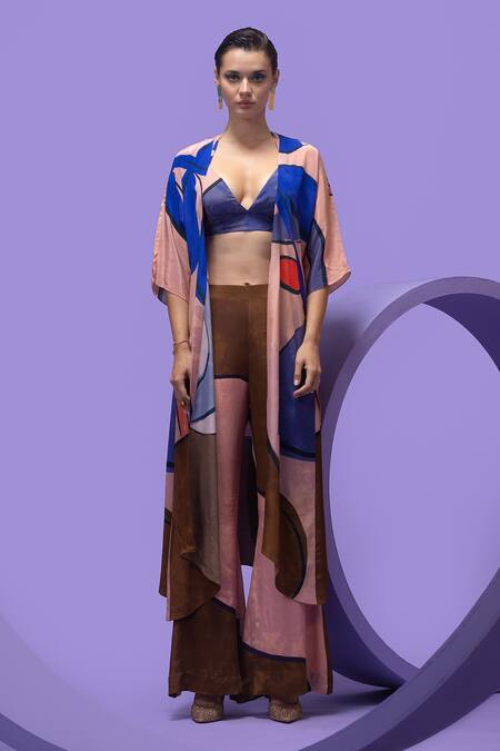 Nautanky_Multi Color Crepe Halter Neck Artistic Print Cape With Wide-legged Trouser Set _Online_at_Aza_Fashions