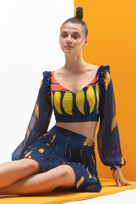 Nautanky_Blue Chiffon, Crepe Ruffles Asymmetric Printed Crop Top And Short Skirt Set _Online_at_Aza_Fashions