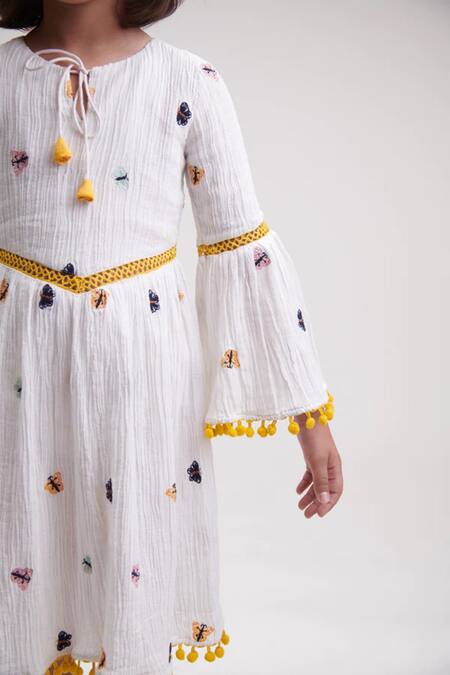 Buy_Littlecheer_White Cotton Pom-poms, Embroidery Butterfly Dress _Online_at_Aza_Fashions