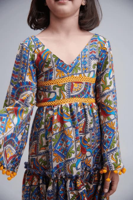 Buy_Littlecheer_Multi Color Cotton, Rayon Pom-poms Little Gypsy Floral Print Dress _Online_at_Aza_Fashions