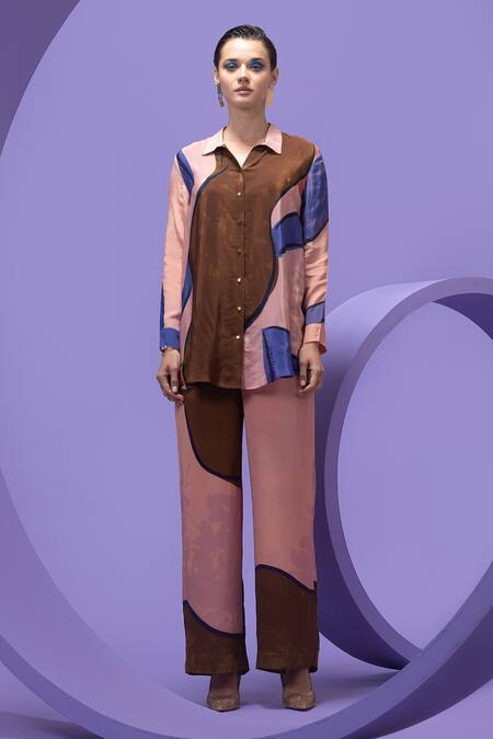 Nautanky_Multi Color Cotton, Crepe Collared Artistic Print Oversized Shirt And Pant Set _Online_at_Aza_Fashions