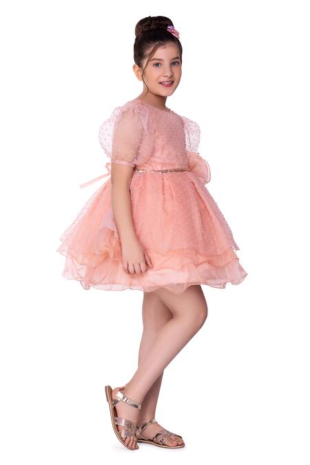 Littlecheer_Peach Organza Fabric Flowers Sweepea Layered Dress _Online_at_Aza_Fashions