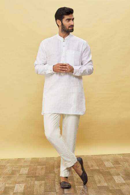 Aqube By Amber_White Linen Short Kurta_Online_at_Aza_Fashions
