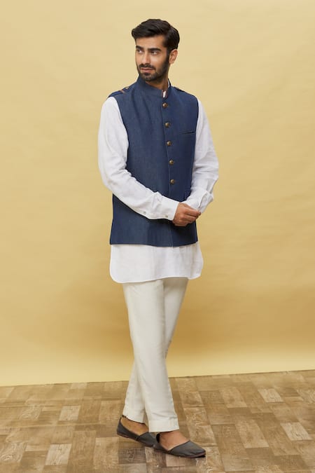 Buy_Aqube By Amber_Blue Denim Bundi With Leather Trims_Online_at_Aza_Fashions