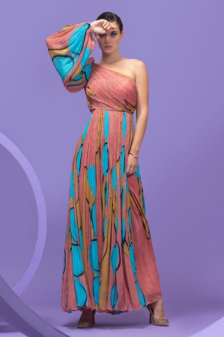 Nautanky_Multi Color Chiffon One Shoulder Artistic Print Crinkled Gown _Online_at_Aza_Fashions