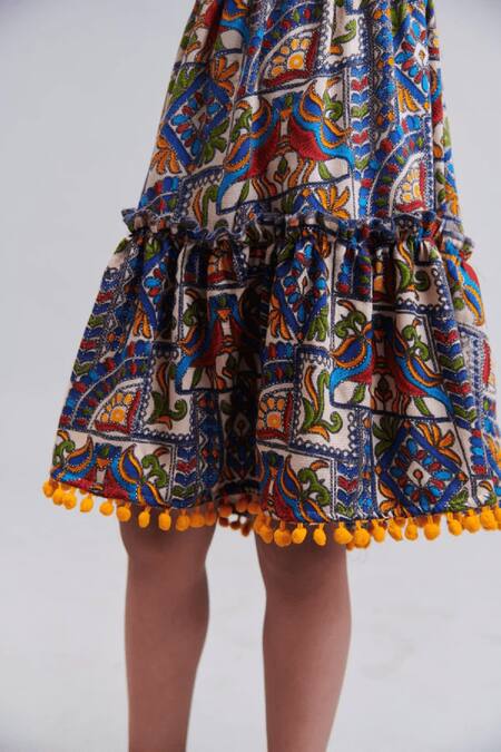 Shop_Littlecheer_Multi Color Cotton, Rayon Pom-poms Little Gypsy Floral Print Dress _Online_at_Aza_Fashions