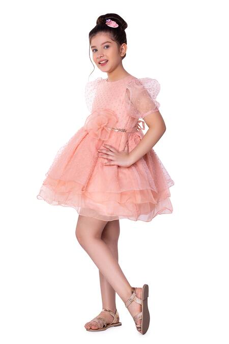 Buy_Littlecheer_Peach Organza Fabric Flowers Sweepea Layered Dress _Online_at_Aza_Fashions