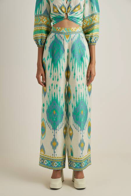 RANNA GILL_Multi Color Linen Ikat Print Wide Leg Pant_Online_at_Aza_Fashions