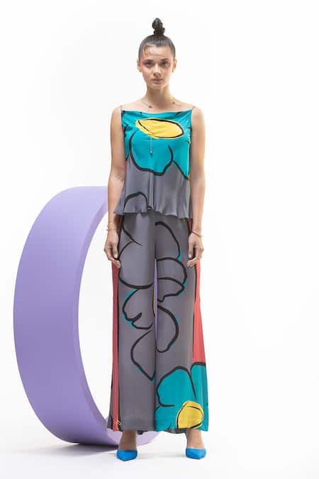 Nautanky_Grey Natural Crepe Printed Artistic Cowl Neck Camy Top And Slit Pant Set _Online_at_Aza_Fashions