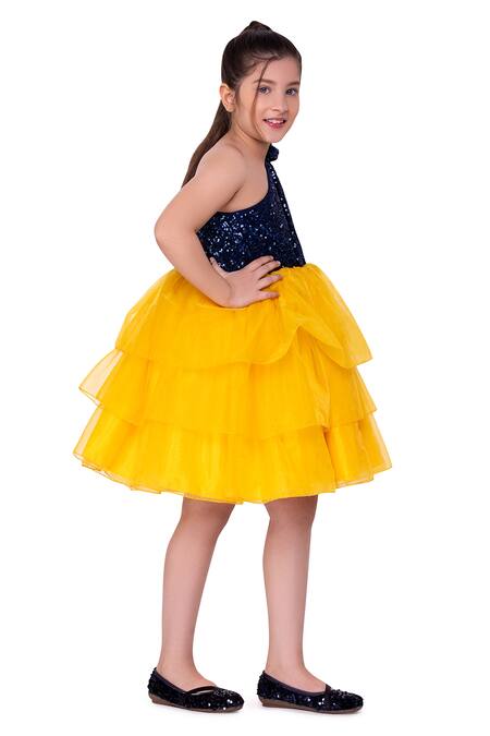 Buy_Littlecheer_Yellow Silk Organza Sequins Rockabye Bodice Dress _Online_at_Aza_Fashions