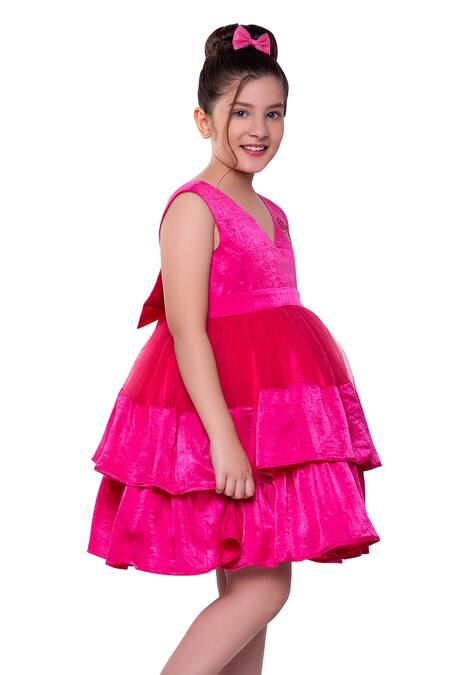 Buy_Littlecheer_Pink Silk, Satin Stones Buttercup Layered Back Bow Dress _Online_at_Aza_Fashions