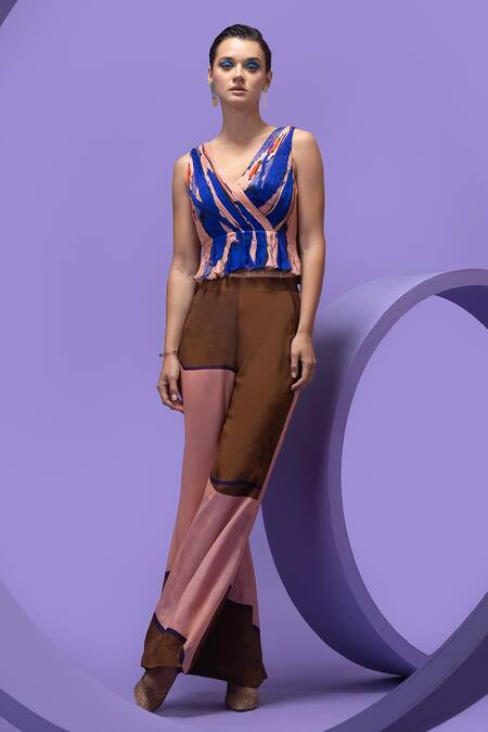Buy_Nautanky_Multi Color Chiffon, Crepe V-neck Artistic Print Crop Top And Pant Set _Online_at_Aza_Fashions