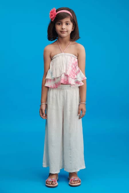 Shop_Littlecheer_White Cotton Petal Halter Neck Top And Palazzo Set _Online_at_Aza_Fashions