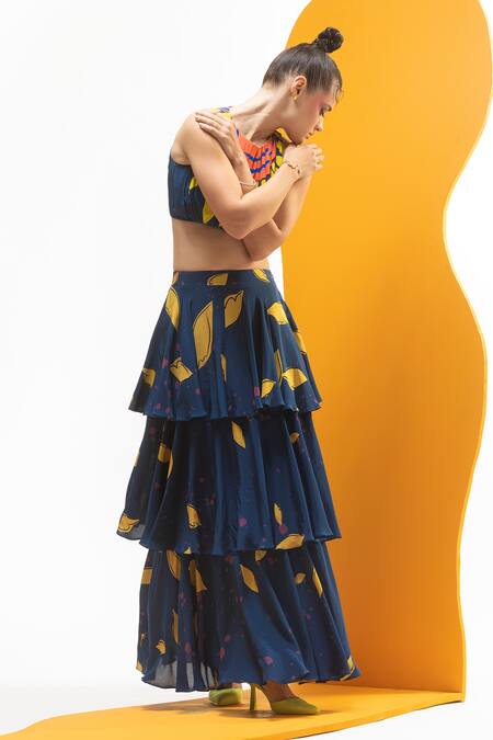 Buy_Nautanky_Blue Crepe Round Neck Artistic Print Crop Top And Tiered Skirt Set _Online_at_Aza_Fashions