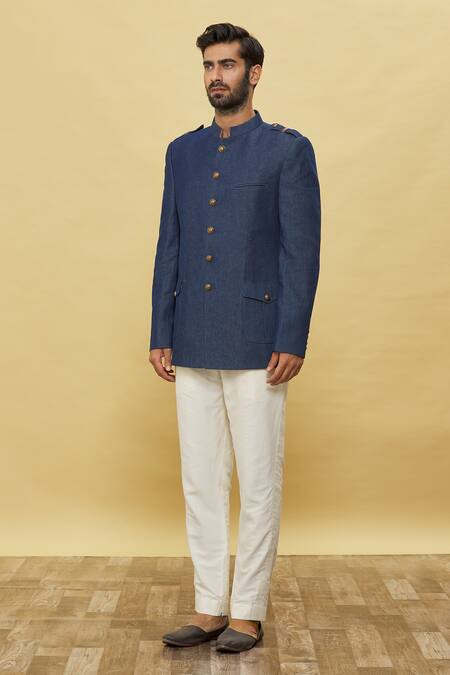 Buy_Aqube By Amber_Blue Denim Bandhgala_Online_at_Aza_Fashions