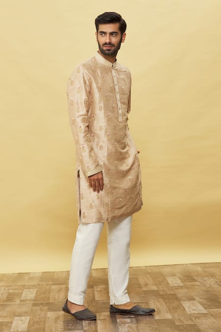 Buy_Aqube By Amber_Beige Raw Silk Embroidery Cord And Resham Floral Kurta_Online_at_Aza_Fashions