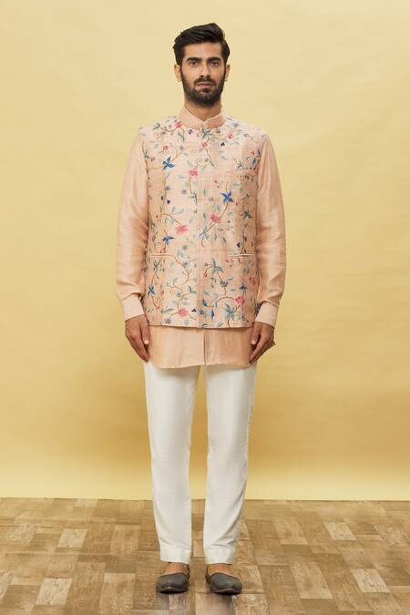 Buy_Aqube By Amber_Peach Silk Embroidery Floral Bundi_Online_at_Aza_Fashions