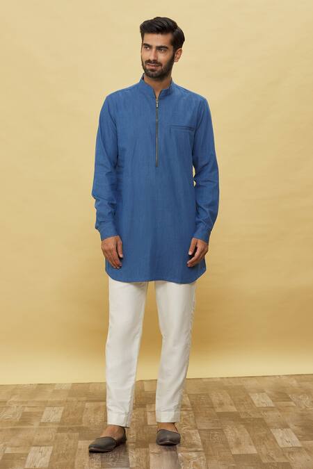 Buy_Aqube By Amber_Blue Denim Collared Kurta_Online_at_Aza_Fashions