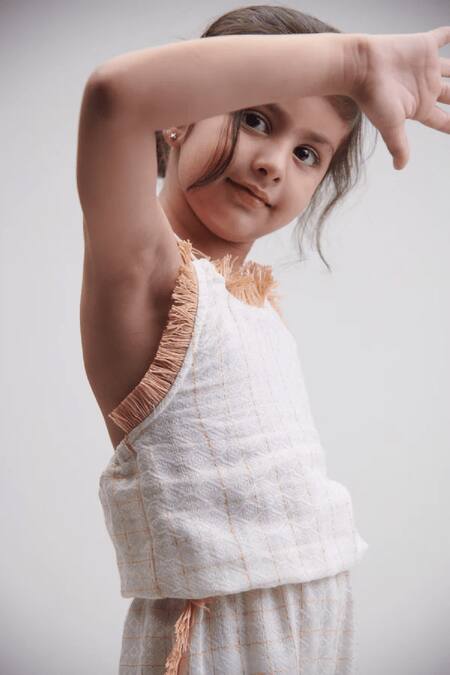 Shop_Littlecheer_Cream , Satin Fringe Sunshine Geometric Pattern Jumpsuit _Online_at_Aza_Fashions