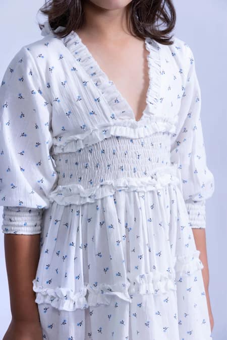 Shop_Littlecheer_White Cotton Floral Pattern Smocked Waist Dress _Online_at_Aza_Fashions