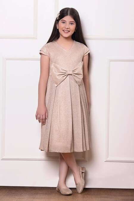 Buy_Littlecheer_Gold Lurex Bows Bling Bae Front Dress _Online_at_Aza_Fashions