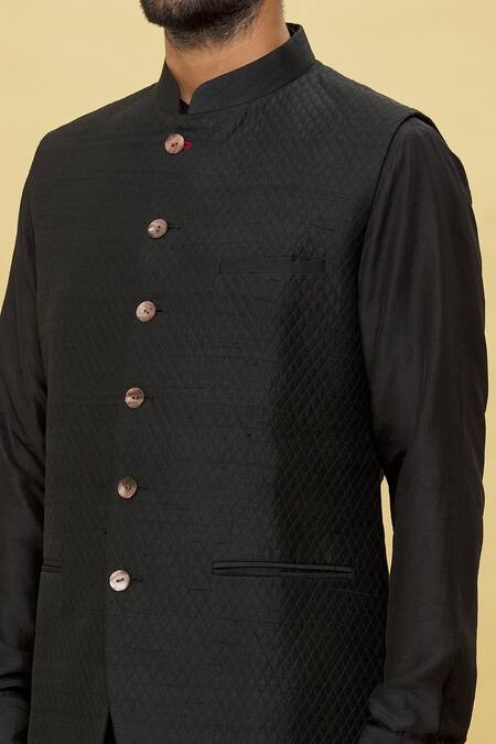 Buy_Aqube By Amber_Black Silk Diamond Pattern Bundi_Online_at_Aza_Fashions