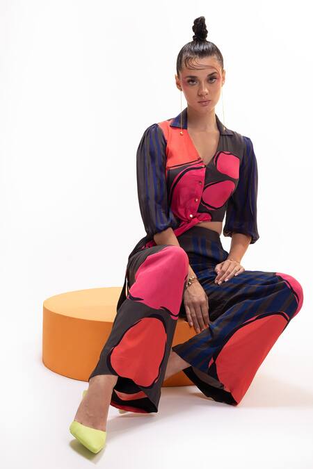 Buy_Nautanky_Grey Crepe Embroidery Collared Tie-up Crop Shirt And Pant Set _Online_at_Aza_Fashions