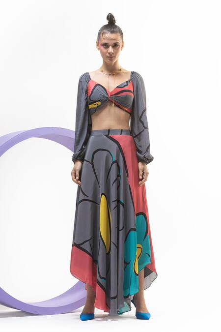 Nautanky_Grey Crepe V-neck Puffed Sleeve Crop Top And Skirt Set _Online_at_Aza_Fashions