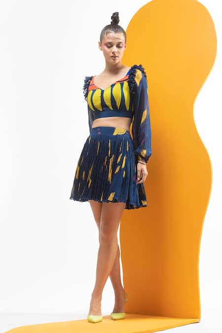 Buy_Nautanky_Blue Chiffon, Crepe Ruffles Asymmetric Printed Crop Top And Short Skirt Set _Online_at_Aza_Fashions