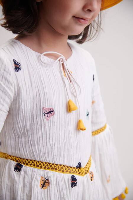 Shop_Littlecheer_White Cotton Pom-poms, Embroidery Butterfly Dress _Online_at_Aza_Fashions