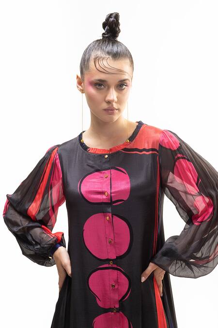 Nautanky_Grey Chiffon Lace Round Neck Gathered Dress _Online_at_Aza_Fashions