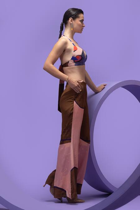 Shop_Nautanky_Multi Color Crepe Halter Neck Artistic Print Cape With Wide-legged Trouser Set _Online_at_Aza_Fashions