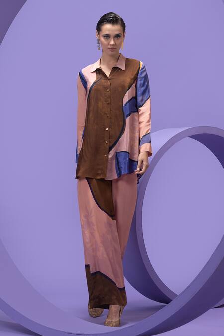 Buy_Nautanky_Multi Color Cotton, Crepe Collared Artistic Print Oversized Shirt And Pant Set _Online_at_Aza_Fashions