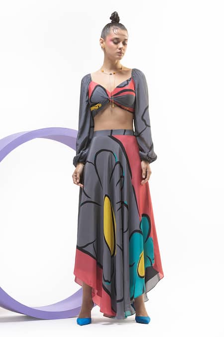 Buy_Nautanky_Grey Crepe V-neck Puffed Sleeve Crop Top And Skirt Set _Online_at_Aza_Fashions