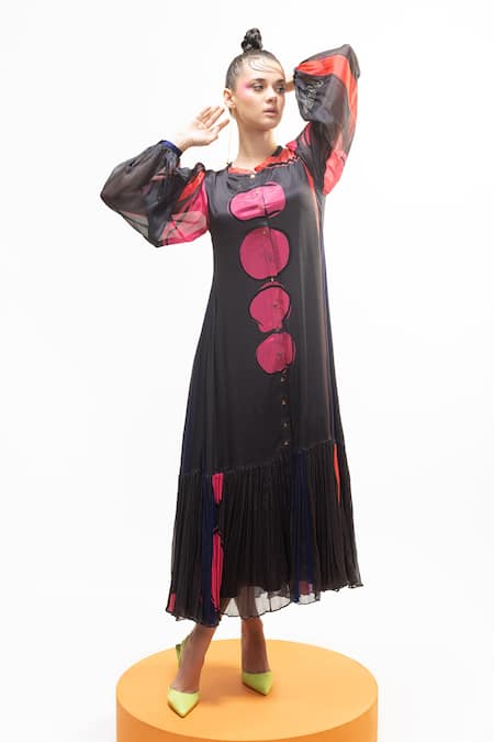 Buy_Nautanky_Grey Chiffon Lace Round Neck Gathered Dress _Online_at_Aza_Fashions