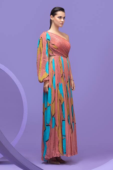 Buy_Nautanky_Multi Color Chiffon One Shoulder Artistic Print Crinkled Gown _Online_at_Aza_Fashions