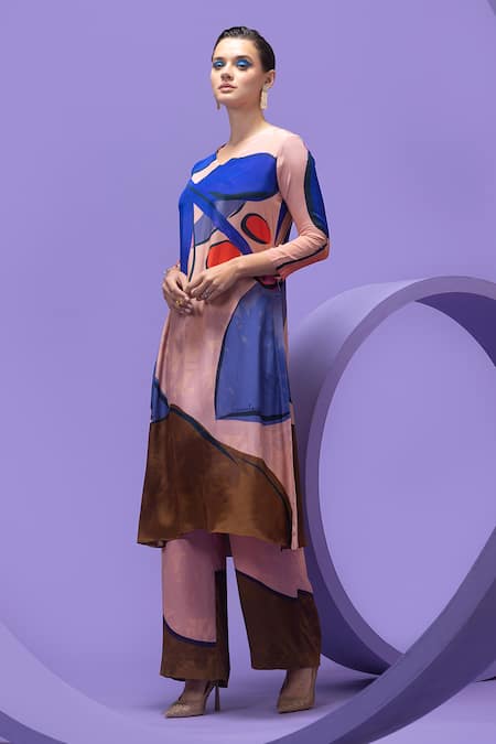 Buy_Nautanky_Multi Color Crepe V-neck Artistic Print Kurta And Pant Set _Online_at_Aza_Fashions