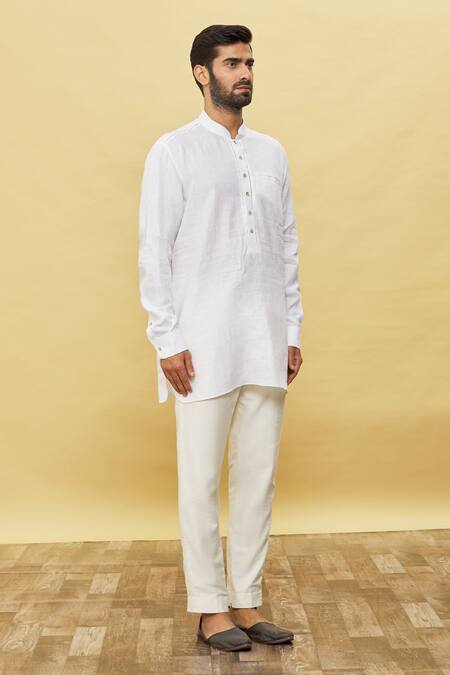 Shop_Aqube By Amber_White Linen Short Kurta_Online_at_Aza_Fashions