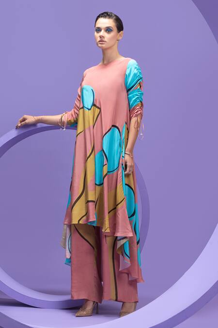 Buy_Nautanky_Pink Crepe Boat Neck Artistic Print Tunic And Pant Set _Online_at_Aza_Fashions