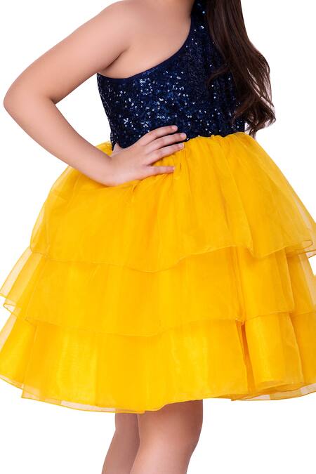 Shop_Littlecheer_Yellow Silk Organza Sequins Rockabye Bodice Dress _Online_at_Aza_Fashions