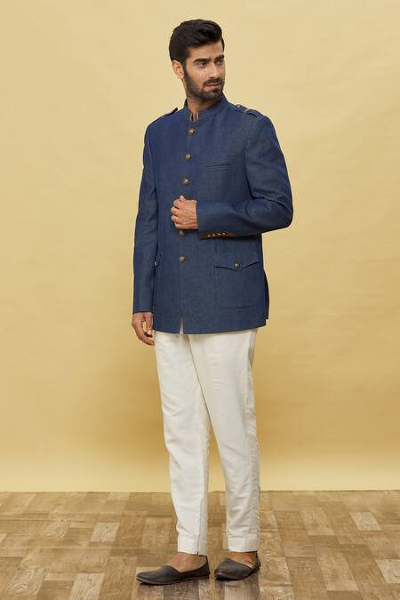 Shop_Aqube By Amber_Blue Denim Bandhgala_Online_at_Aza_Fashions