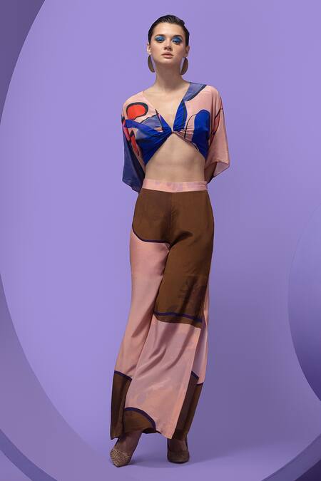 Buy_Nautanky_Multi Color Crepe V-neck Artistic Print Boxy Crop Top And Pant Set _Online_at_Aza_Fashions