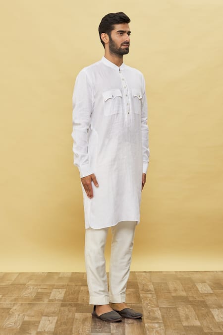 Buy_Aqube By Amber_White Linen Pathani Kurta_Online_at_Aza_Fashions