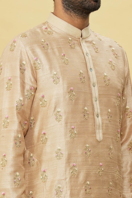 Shop_Aqube By Amber_Beige Raw Silk Embroidery Cord And Resham Floral Kurta_Online_at_Aza_Fashions