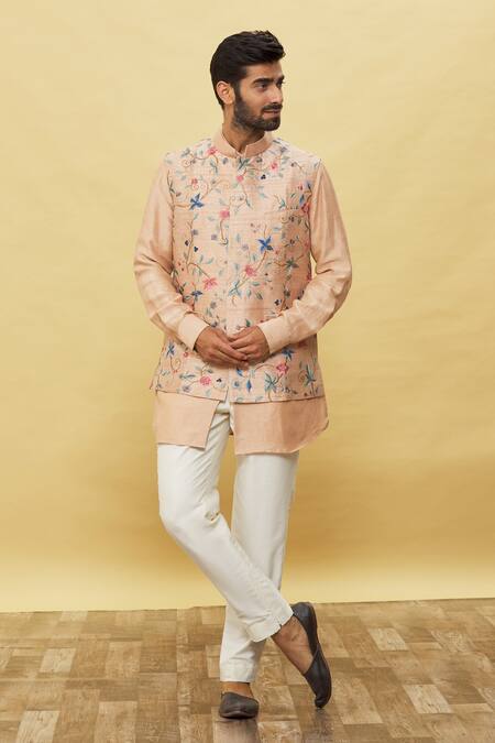 Shop_Aqube By Amber_Peach Silk Embroidery Floral Bundi_Online_at_Aza_Fashions