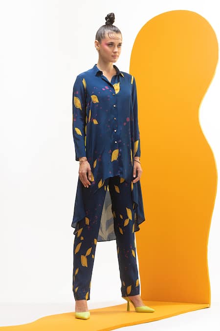 Shop_Nautanky_Blue Crepe Collared Asymmetric Shirt And Trouser Set _Online_at_Aza_Fashions