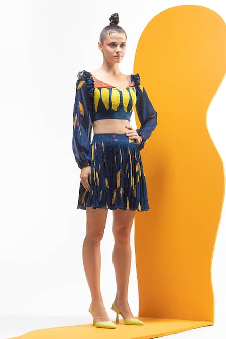 Shop_Nautanky_Blue Chiffon, Crepe Ruffles Asymmetric Printed Crop Top And Short Skirt Set _Online_at_Aza_Fashions