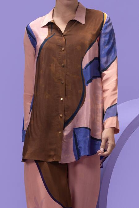 Shop_Nautanky_Multi Color Cotton, Crepe Collared Artistic Print Oversized Shirt And Pant Set _Online_at_Aza_Fashions