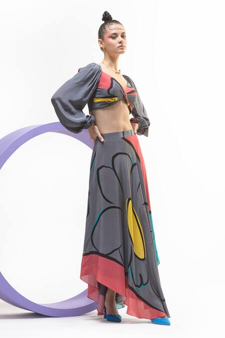 Shop_Nautanky_Grey Crepe V-neck Puffed Sleeve Crop Top And Skirt Set _Online_at_Aza_Fashions