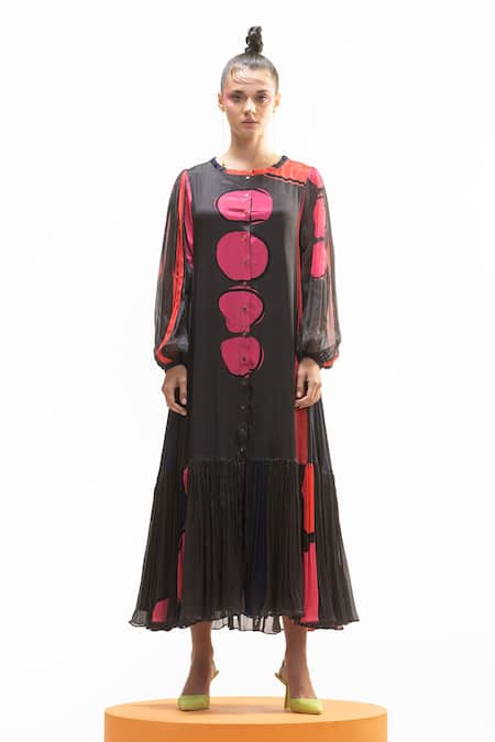 Shop_Nautanky_Grey Chiffon Lace Round Neck Gathered Dress _Online_at_Aza_Fashions